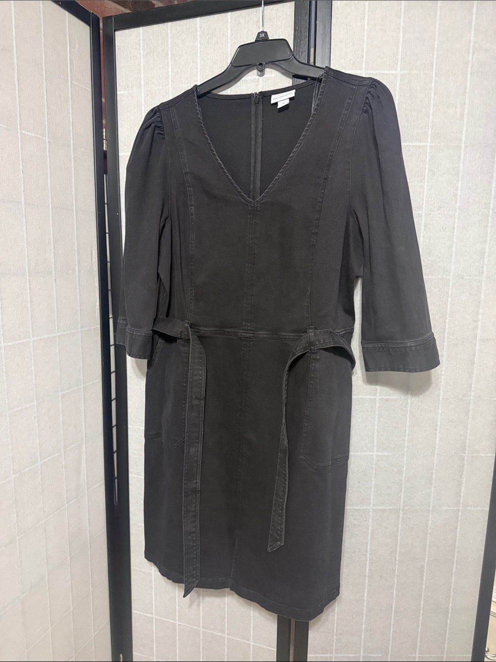 Liz Claiborne Black Denim Belted V-Neck Midi Dress